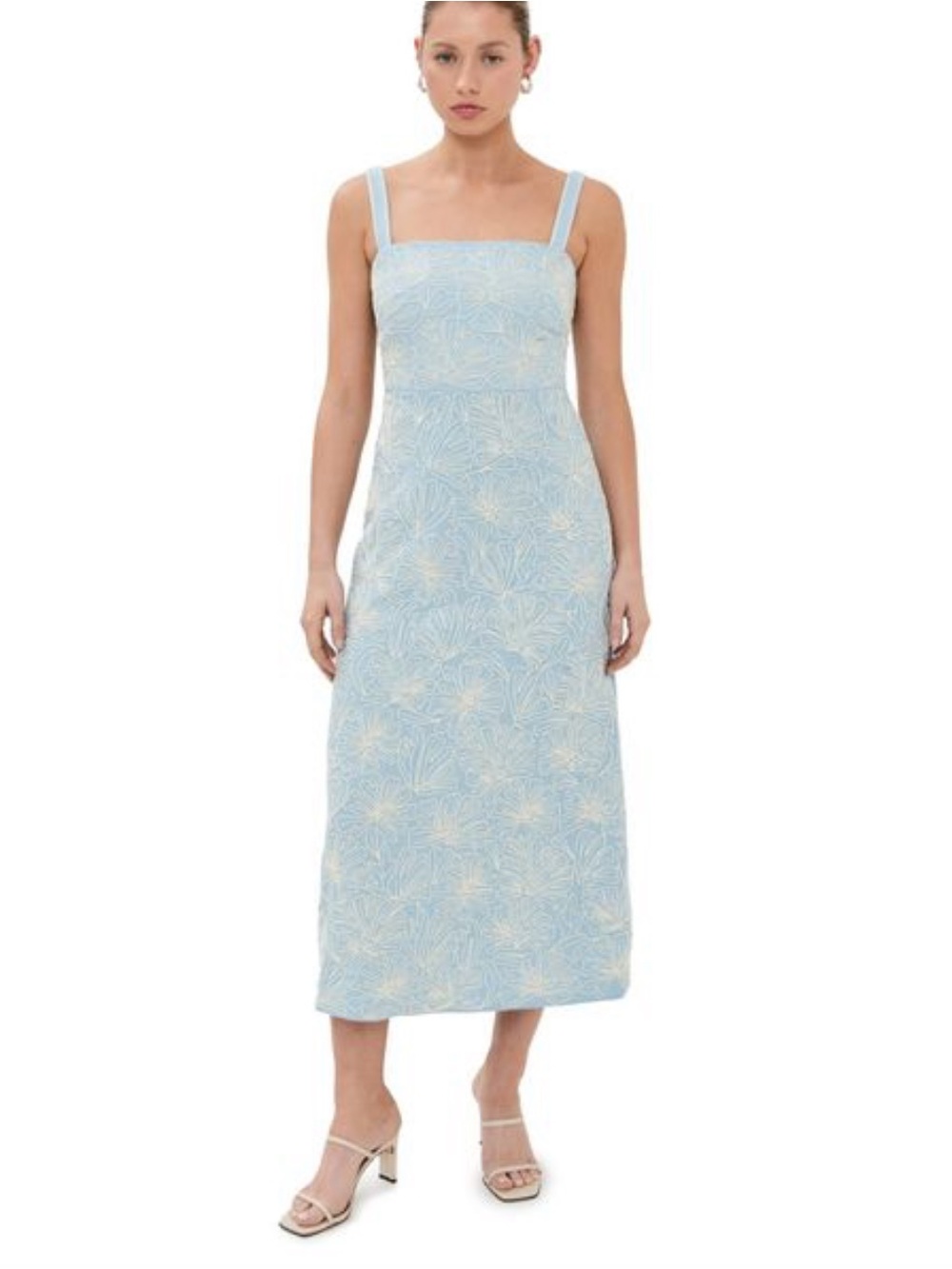 Veronica Beard Pale Blue Floral Square-Neck Midi Dress